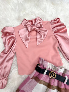 AMY BLOUSE & HIGH WAISTED BELTED SHORT SET (3yrs-12yrs) (pink)